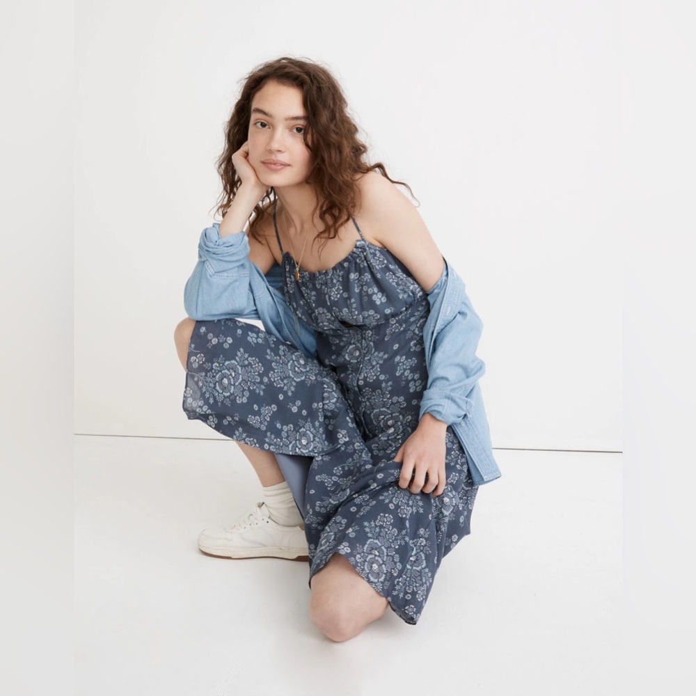 Madewell Tie-Back Button-Front Midi Dress in Archival Floral 00 A16